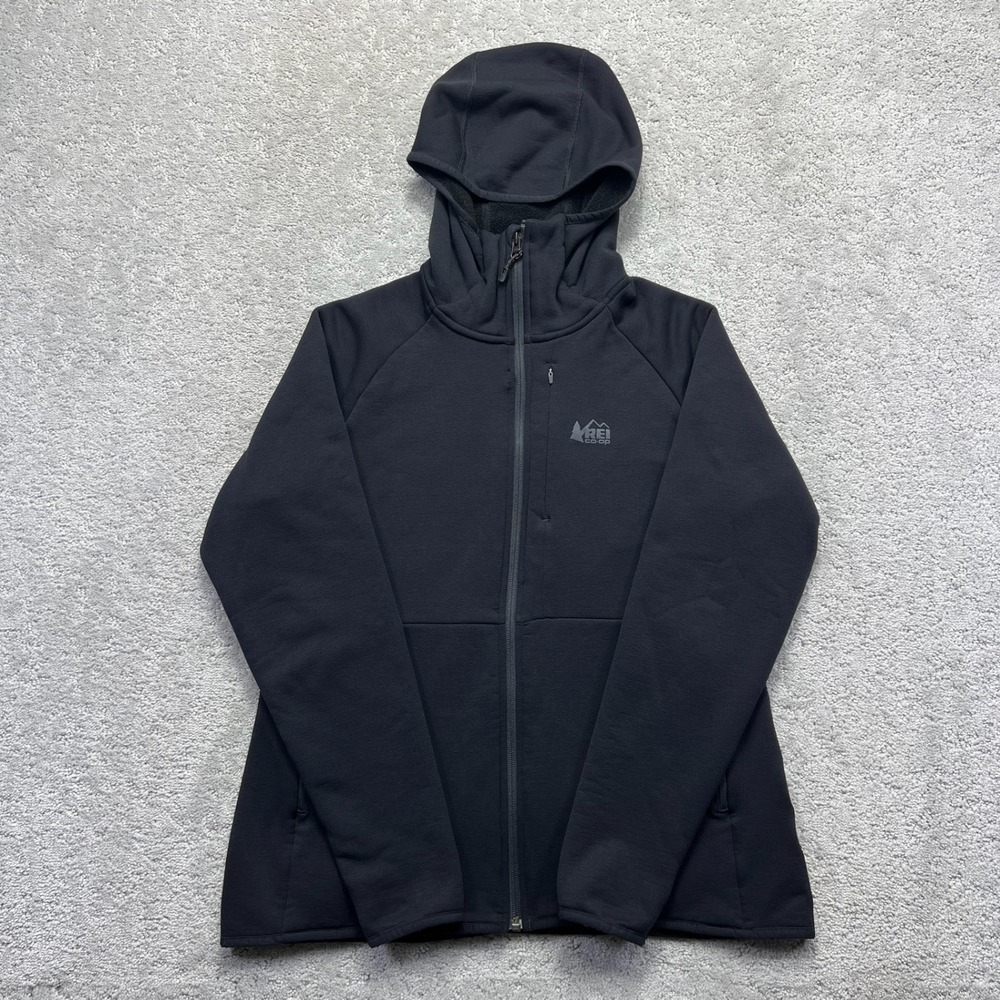 REI Co-op Hyperaxis Fleece Jacket Womens L Black Polartec Power Stretch Hooded